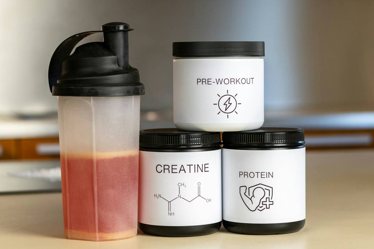 organic muscle shake powder blended in a shaker bottle with fresh mint and lemon wedge